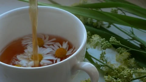 Making cup of herbal tea . Tea leaves at the bottom of the cup 库存影片 111237276
