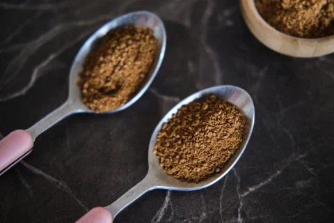 Making Dalgona Coffee at home, Preparing Homemade Dalgona Coffee Stock Photos