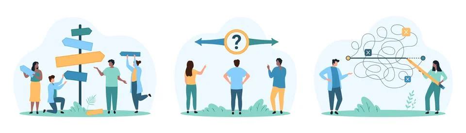 Making decision, answer to question choice set, tiny people choose right or left Stock-Illustration