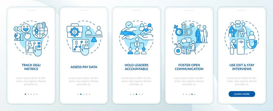 Making DEI efforts practices blue onboarding mobile app screen Stock Illustration