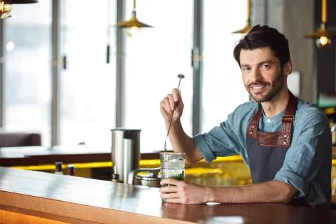 Making Drink. Bartender standing at counter mixing mojito smiling joyful Stock Photos