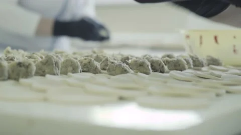 Making dumpling in modern foodstuff manufacturing. Chef hands putting ready Stock-Footage 168734418