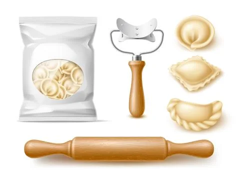 Making dumplings accessories. Realistic packaged product, dough with meat Stock Illustration