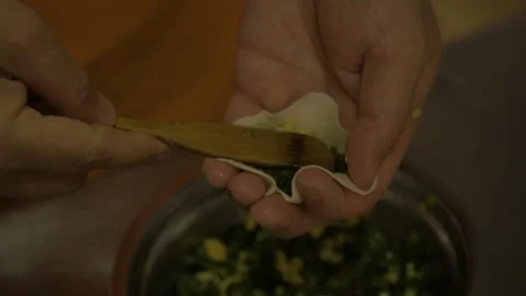 Making Dumplings by Hand with Vegetable Filling in Beijing Street Food Scene Stock Footage 345882340