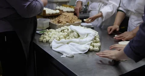 Making Dumplings Kitchen Workers Whole Process Flattening and Wrapping Ingre Stock Footage 263039072