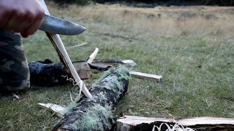 Making feathersticks with a knife Stock Footage 154768075