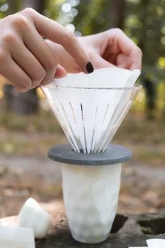 Making filter coffee. Coffee in the car. Autumn forest. Stock Photos