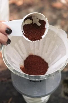 Making filter coffee. Coffee in the car. Autumn forest. Stock Photos