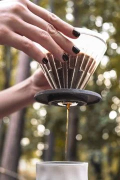 Making filter coffee. Coffee in the car. Autumn forest. Stock Photos