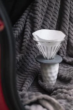 Making filter coffee. Coffee in the car. Autumn forest. Stock Photos