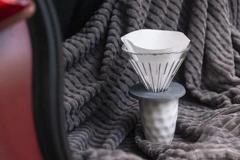 Making filter coffee. Coffee in the car. Autumn forest. Stock Photos