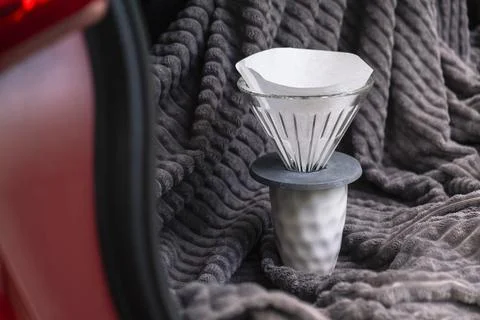 Making filter coffee. Coffee in the car. Autumn forest. Stock Photos