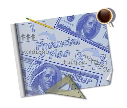 Making a financial plan is illustrated with a mock blueprint of a financial p Stock Illustration