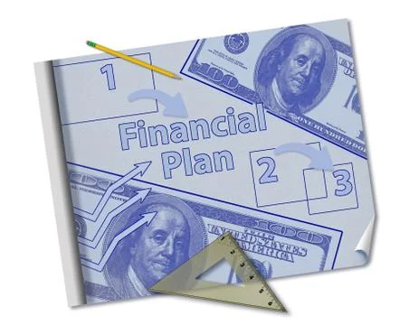 Making a financial plan is illustrated with a mock blueprint of a financial p Stock Illustration