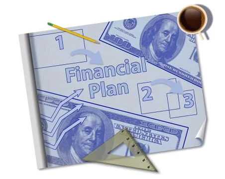 Making a financial plan is illustrated with a mock blueprint of a financial p Stock Illustration
