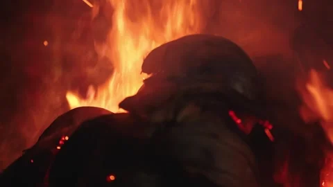 Making fire with dry coconut and leaf Stock Footage 274056806