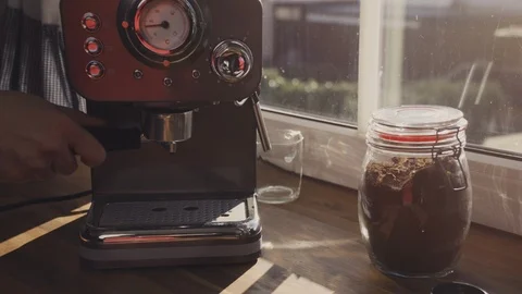 Making Fresh Coffee from a Coffee Espresso Machine Stock Footage 111470808