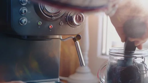 Making Fresh Coffee from a Coffee Espresso Machine Stock Footage 111478042