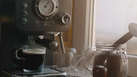 Making Fresh Coffee from a Coffee Espresso Machine Stock Footage 111480878