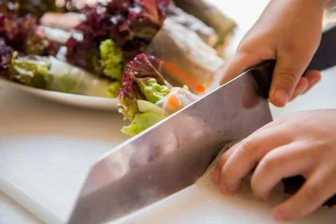Making fresh vegetable salad roll, healthy meal for diet Stock Photos