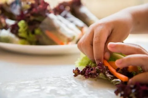 Making fresh vegetable salad roll, healthy meal for diet Stock Photos
