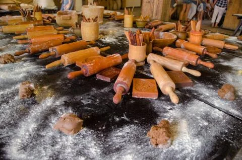 Making gingerbread masterclasses. Prepared materials, dough and forms on the  Stock Photos