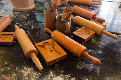 Making gingerbread masterclasses. Prepared materials, dough and forms on the  Stock Photos