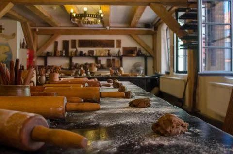 Making gingerbread masterclasses. Prepared materials, dough and forms on the  Stock Photos