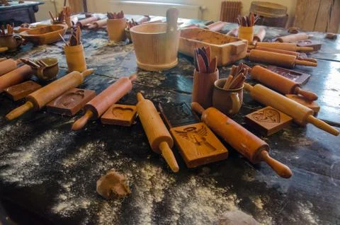 Making gingerbread masterclasses. Prepared materials, dough and forms on the  Stock Photos