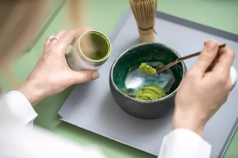 Making of green matcha tea Stock Photos