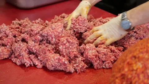 Making ground meat in a busy kitchen Stock Footage 342691513