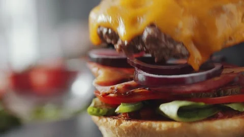 Making Hamburger with Melted Cheddar Cheese and Fresh Vegetable Toppings Stock-Footage 331101279