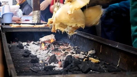 Making hanged melted cheese on barbeque Stock Footage 81597416