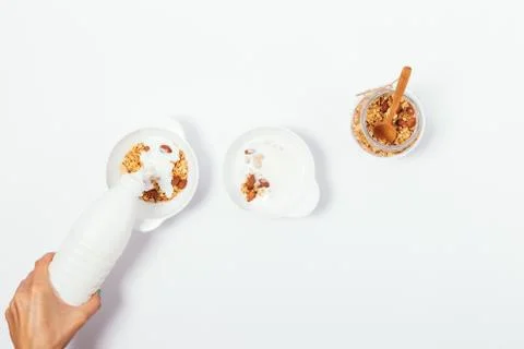 Making healthy breakfast process, top view Stock Photos
