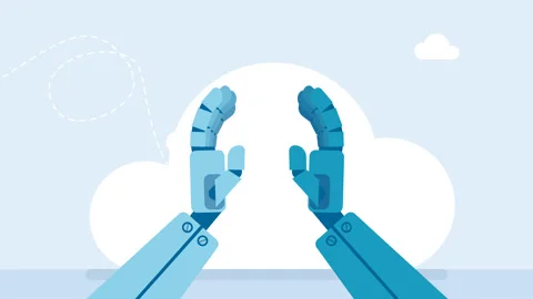 Making high five sign, clapping, cooperation of one robot with another. With AI Stock Footage 320063474