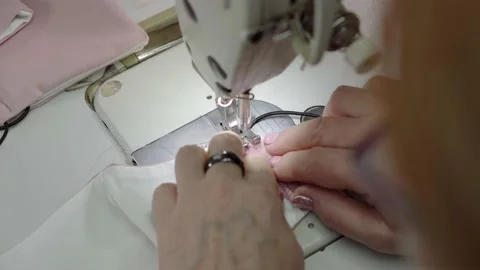 The making a homemade face masks on a sewing machine, close up. Stock Footage 147308029