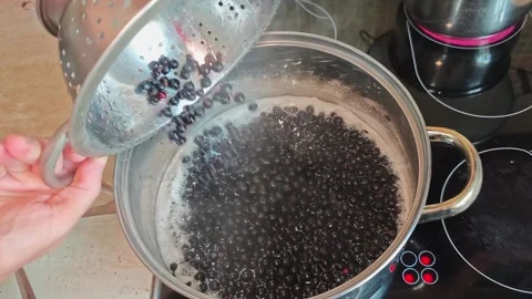 Making homemade jam from black currant berries, pouring berries into boiling Stock Footage 341620549