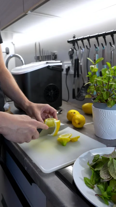 Making homemade lemonade with sliced lemons and ice maker Stock Footage 337183097