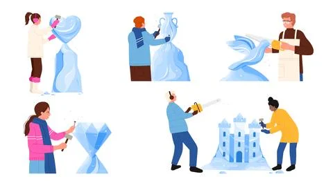 Making ice sculptures in winter set, sculptors holding chisel and hammer to make Illustration