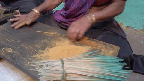 Making incense sticks in the city of Mysore, Karnataka, India Stock Footage 123647481