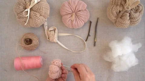 Making interior pumpkins from textiles, knitted fabric Stock-Footage 219719708