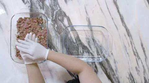 Making Kafta (raw meat with onion, parsley, and spices), Arab cuisine, top view Stock Footage 136258828