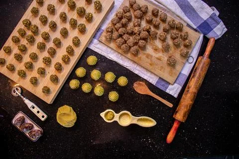 Making keto eid kahk using almond dough pistachio filling and walnut filling Stock Photos