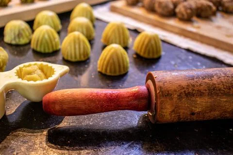 Making keto eid kahk using almond dough pistachio filling and walnut filling Stock Photos