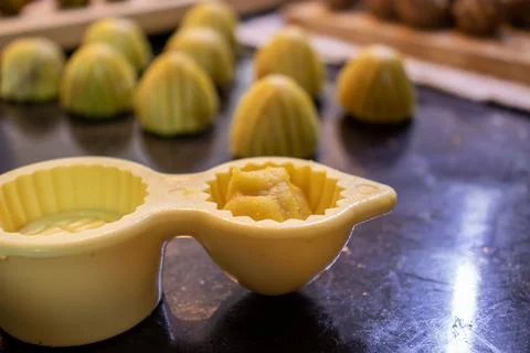 Making keto eid kahk using almond dough pistachio filling and walnut filling Stock Photos