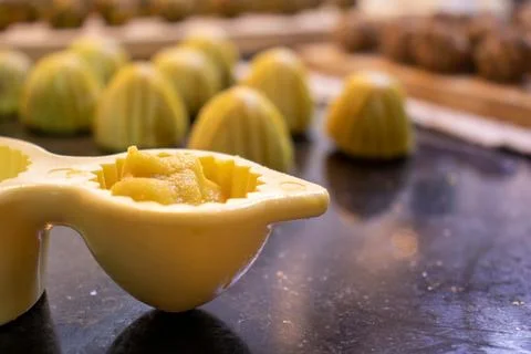 Making keto eid kahk using almond dough pistachio filling and walnut filling Stock Photos