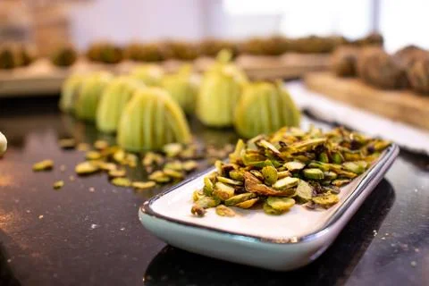 Making keto eid kahk using almond dough pistachio filling Stock Photos