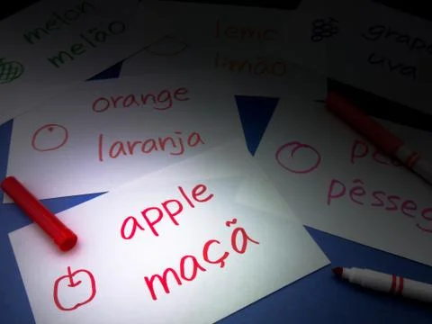 Making Language Flash Cards; Portuguese Stock Photos