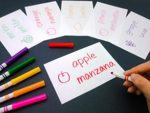 Making Language Flash Cards; Spanish Stock Photos