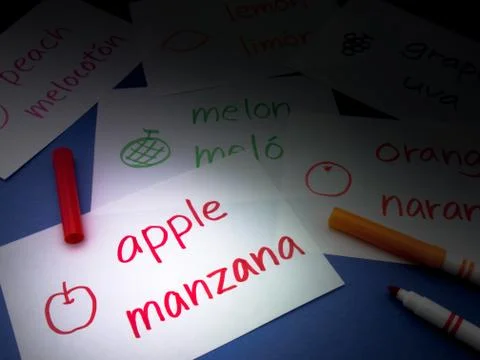 Making Language Flash Cards; Spanish Stock Photos